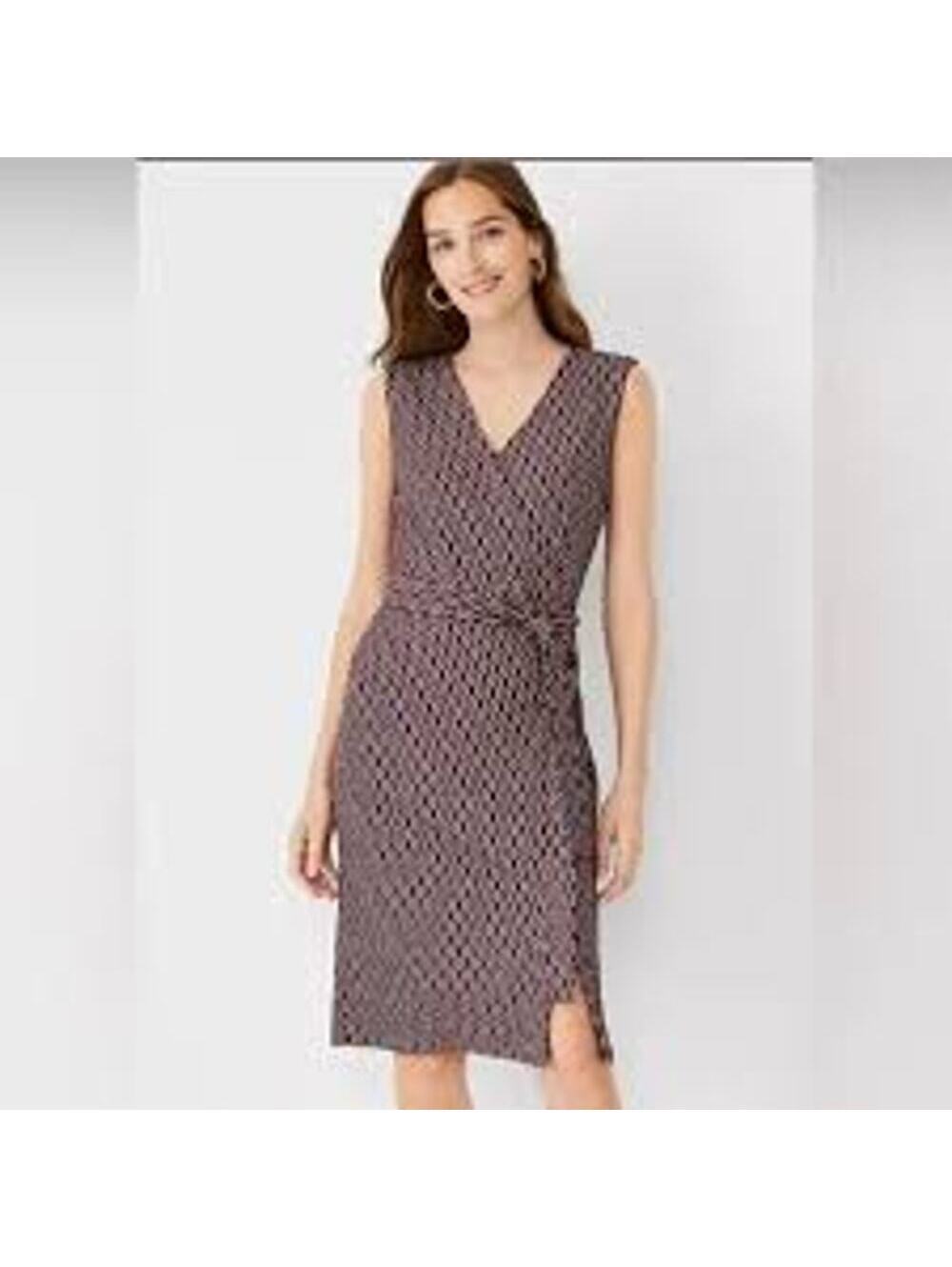 Ann Taylor Petites EUC Womens Burgundy Maroon Chain Print Belted Sheath Dress 6P
